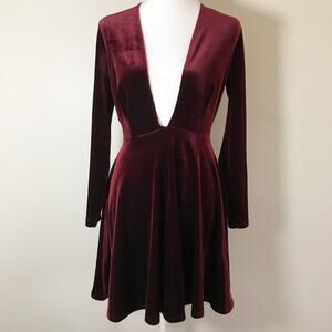 American Apparel Velvet Deep V Skater Dress Burgundy Long Sleeve M